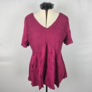 Bloomchic Blouse Women's 2X Red Violet Shirred Short Sleeve Fit & Flare NWT